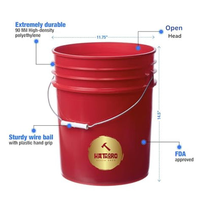 5 Gallon Food Grade Plastic Bucket, Open Head Pail with Handle, 12-3/8 in Diameter x 14-3/4 in Height (Red, 6 Pack) - color: Red, size: 6 Pack