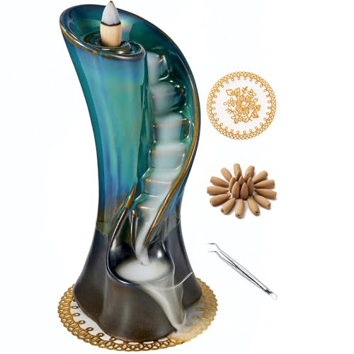 Unique Cloud Stairs Ceramic Waterfall Incense Holder, Paired with a Pack of Backflow Incense Cones. (Blue) - color: Blue