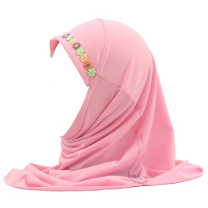 Girls Instant Hijab – Soft Kids Muslim Scarf with Flower, Breathable One-Piece Headscarf for Toddlers Age 2-8 - color: Small Flower-pink