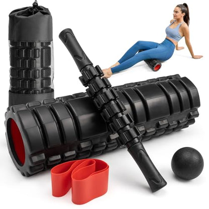 Krightlink 5-in-1 Foam Roller Set, Massage Roller Stick, Massage Ball, Resistance Band for Deep Muscle Massage, Trigger Point Release, Pilates, Yoga (Black-18(5 in 1)) - color: Black-18"(5 in 1)