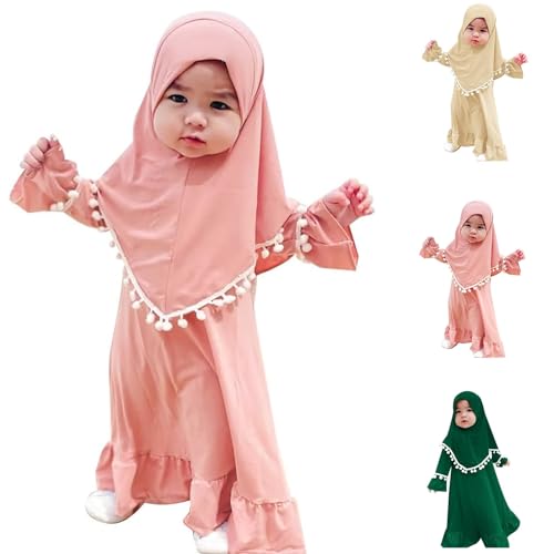 Newborn Girls Prayer Dress Cute Muslim Clothes for Toddler Baby Kids Long Sleeve Abaya with Hijab Two Piece Set - color: Pink, size: 6-12 Months