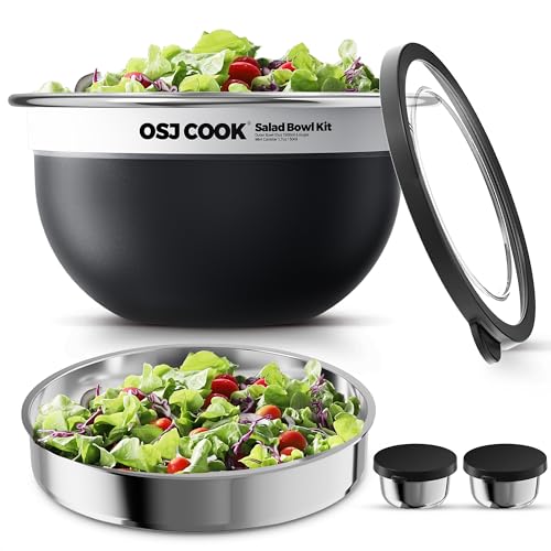 74oz Salad Bowl Kit with Lid & Tray, Scratch-Resistant 18/8 Stainless Steel Salad Bowls To Go For Lunch, Large Leak-Proof Container with 2 Condiment Canisters, Black - color: Black
