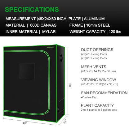 4x2 Grow Tent, 48"x24"x60'' High Reflective 600D Diamond Mylar Canvas with Observation Window and Floor Tray for Hydroponic Indoor Plant Growing - size: 48"x24"x60"