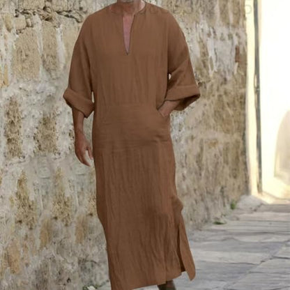 Muslim Robe Kaftan for Men Long Sleeve Solid V Neck Shirts Linen Kaftan Muslim Long Gown Side Split Ethnic Thobe Robe - color: Coffee, size: Medium