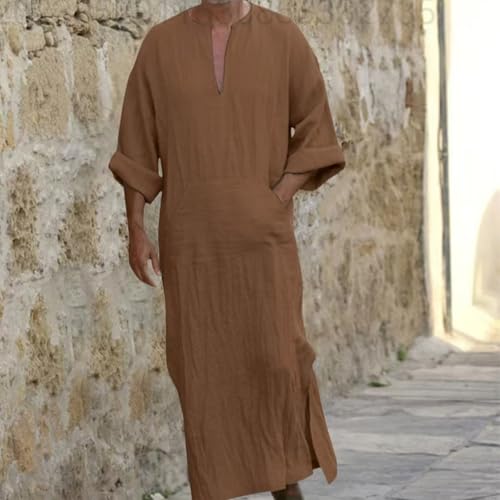 Muslim Robe Kaftan for Men Long Sleeve Solid V Neck Shirts Linen Kaftan Muslim Long Gown Side Split Ethnic Thobe Robe - color: Coffee, size: X-Large