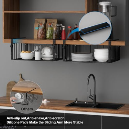 AmonHouseware 2Pack Under Shelf Storage Basket Organizer, Black | Adjustable Hanging,Under Cabinet Add-on, Slide-in Baskets, for Laundry Room Kitchen Pantry Desk Bookshelf Counter Cupboard - color: Black