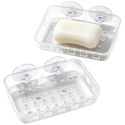 2 Pack Suction Cup Soap Dish Holder Soap Case Clear Acrylic Plastic Wall Mounted Shower Soap Holder Bathroom Kitchen Accessory Securely Holds Bar Soap, Sponge, and Toiletries