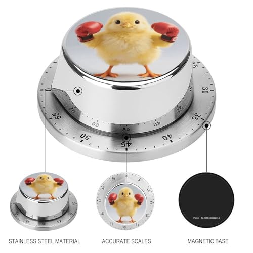 60 Minute Visual Wind Up Timer, Mechanical Kitchen Timer with Magnetic Base & Loud Alarm, Battery-Free Manual Cute Yellow Boxing Chick Countdown Clock for Focus Cooking Studying Gaming Classroom