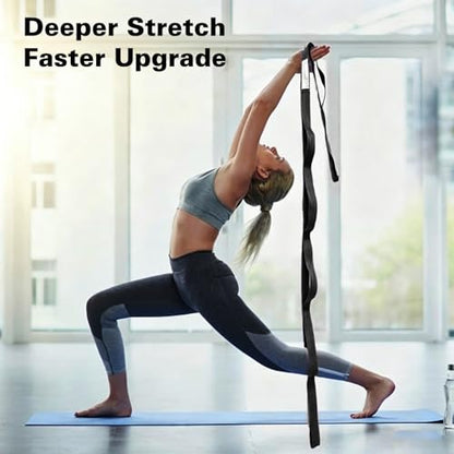 Stretching Strap with 10 Loops Non-Elastic Yoga Strap for Physical Therapy Pilates Dance Gymnastics Stretch Band for Daily Flexibility Routine at Home Gym Travel Includes Exercise Guide - color: Black