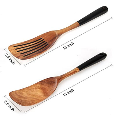 2 Pcs Wooden Spatula Set for Cooking Non Toxic Teak Kitchen Utensils Slotted Pancake Turner Flat Wood Wok Spatulas Bamboo Spoon for Cooking Utensil Set Spurtle Scraper Black Fish Egg Flipper Spatula - color: 2Pcs-Black