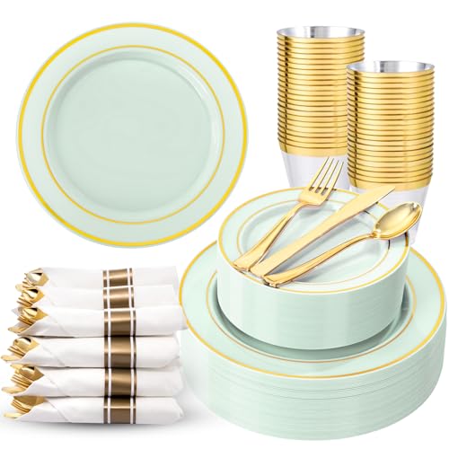 WDF Partyware 350PCS Green Plates Disposable - Sage Green Plastic Plates 50Guests Plastic Dinnerware with Rolled Napkins for Party/Birthday - color: Sage Green, size: 350