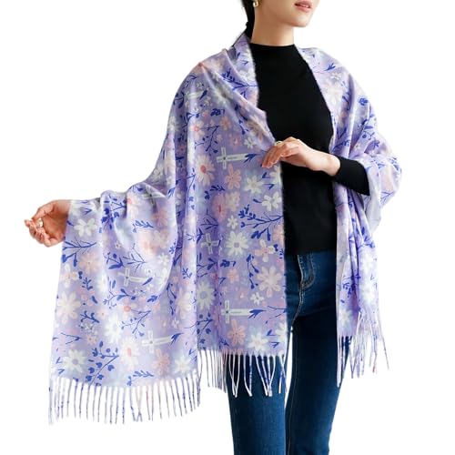 Prayer Shawls for Women Christian Floral Blanket Scarf with Cross,Wrap Scarf for Teacher Mother Church Gifts - color: Purple