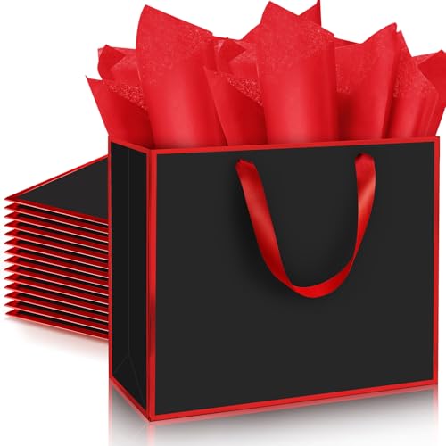 ReliThick 12 Pack Paper Gift Bag with Handles & Tissue, Black, Red - color: Black, Red