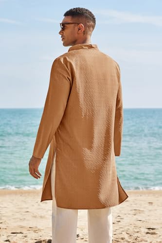 Runcati Mens Kaftan Thobe Textured Henley Shirt Long Sleeve Robe Casual Muslim Gown Shirt - color: Brown, size: Medium