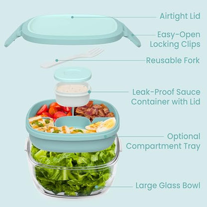 Bentgo Glass Salad Container - 7.6-Cup Salad Bowl with Airtight Lid, Leak-Proof Sauce Container, 4-Compartment Bento Tray & Reusable Fork - BPA-Free for Meal Prep, Office & More (Coastal Seaglass) - color: Coastal Seaglass