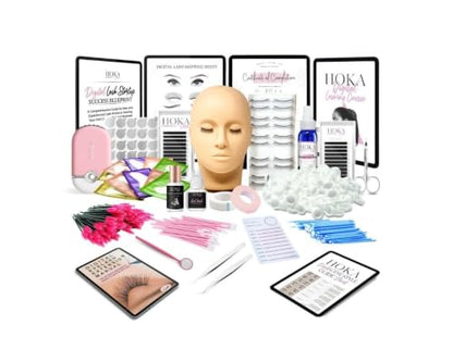 Hoka Lash Eyelash Extension Kit & Training Course and Certification, Professional Lash Extension Kit for Beginners Includes Practice Mannequin Head, Lash Trays, Glue, Tweezers, Fan & More