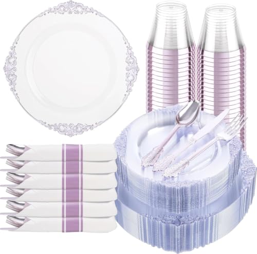 Hioasis 175 Pcs Clear Purple Plates for Party - color: Clear and Purple