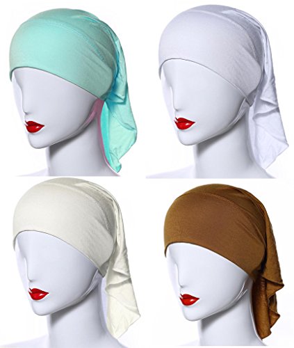 4 X Womens Muslim Mini Inner Hijab Caps Underscarf - color: Beige+w+camel+cornflowerblue