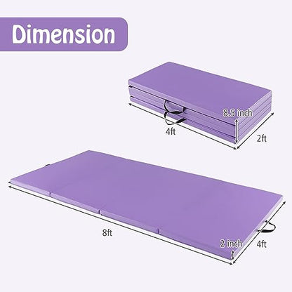 GYMAX Gymnastics Mat, 4 FT x 8 FT x 2 Inches Folding Exercise Mat w/Carry Handles & Sturdy Stitching Waterproof Cover, Tumbling Mat for Yoga Stretching Martial Arts Home Gym - color: Purple