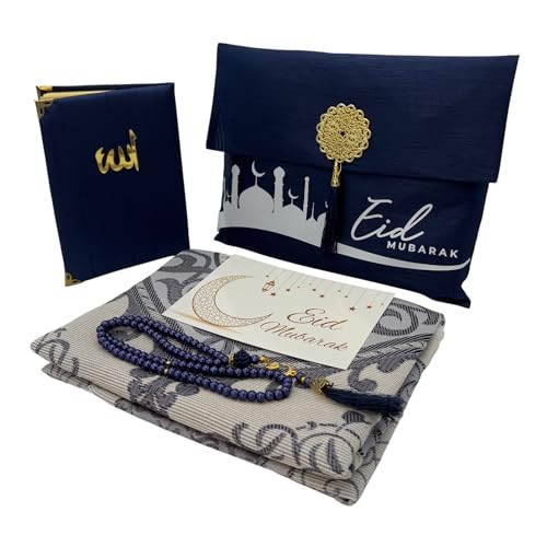 Modefa Luxury Islamic Thin Travel Prayer Mat in Satin Gift Bag - Deluxe 4 Piece Travel Set with Dua Book & Prayer Beads Tesbih - Thin Chenille Turkish Praying Carpet - Eid Gift Set (Blue) - color: Blue