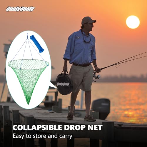 QualyQualy Large Bridge and Pier Fishing Net 32''/39'' Hoop, Foldable Drop Net Pier Fishing for Saltwater with Rope, Landing Net with Nylon Mesh, Collapsible Soft Steel Ring - color: Green, size: M: 32''×36''