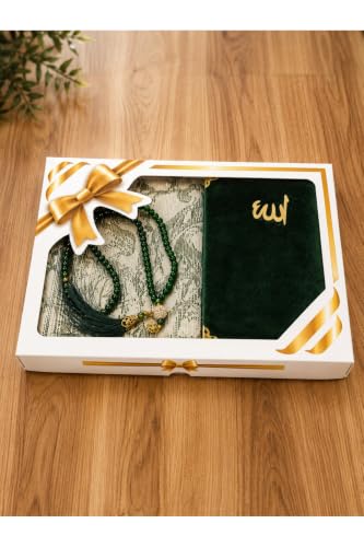 Islamic Prayer Rug Set with Yasin Book and Prayer Beads - Green Cotton Seccade Gift Set for Men and Women - Includes Prayer Mat, Book, Rosary, and Gift Box - appropriate for Ramadan, Hajj, Umrah, and