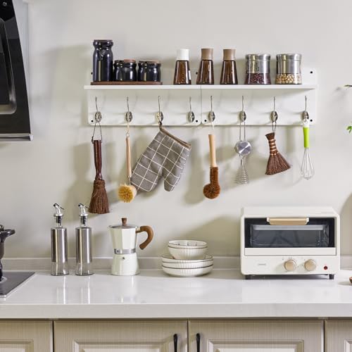 YMYNY 31.5" Coat Rack Wall Mount with Shelf and 8 Hooks, White, HWS006W-2 | 2 Pack Coat Hooks Key Holder Wall Mount, Wood Wall Mounted Coat Rack with Wall Hooks for Hanging, Towel Hooks for Bathroom - color: White