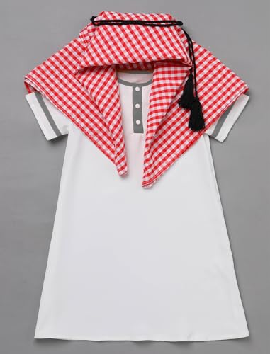 IDOPIP Muslim Baby Boys Ramadan Eid Outfit Kaftan Thobe Arabic Islamic Abaya Dubai Robe Prayer Clothes with Head Scarf + Rope - color: White + Red, size: 3-6 Months