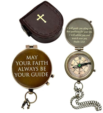 Engraved Brass Compass with Sundial Clock May Your Faith Always Be Your Guide Psalm 32:8 Christian Keepsake Gift Direction Guide Compass with Carry Case for Special Religious Occasions
