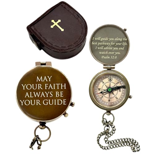 Engraved Brass Compass with Sundial Clock May Your Faith Always Be Your Guide Psalm 32:8 Christian Keepsake Gift Direction Guide Compass with Carry Case for Special Religious Occasions