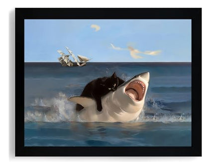 ICHZUMW Framed Funny Black Cat Biting Shark Ocean Canvas Wall Art 8x10 In - color: Black Shark Rider, size: 10"L x 8"W