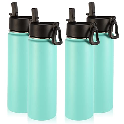Volhoply Insulated Water Bottles with Straw Bulk 4 Pack, 22 oz Stainless Steel Double Walled Vacuum Travel Water with Wide Mouth, Reusable Metal Cold Water Flask for School Hiking(Mint,4 Set) - color: Mint