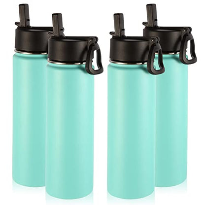 Volhoply Insulated Water Bottles with Straw Bulk 4 Pack, 22 oz Stainless Steel Double Walled Vacuum Travel Water with Wide Mouth, Reusable Metal Cold Water Flask for School Hiking(Mint,4 Set) - color: Mint