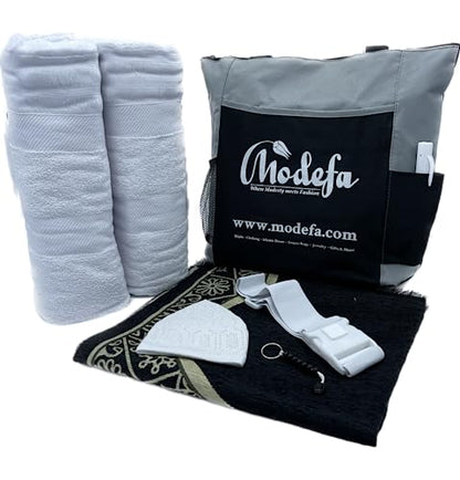 Modefa Islamic Men's Ihram Set for Hajj Umrah | Ehram Ahram Seamless Viscose from Bamboo + Cotton Towels 110 x 220cm | Prayer Mat, Bag, Kufi, Beads, Miswak, Belt | 7 Piece Combo Gift Set