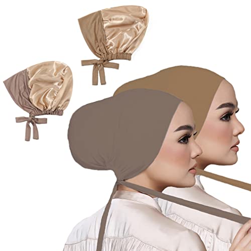 Women Under Scarf Hat Hijab Undercap Islamic Muslim Under Scarf Hijab Cap with Tie-Back Closure - color: Khaki2+nude2