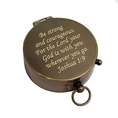 Personalized Compass Gift for Baptism, Confirmation | Religious Keepsake Engraved with Bible Verse | Optional Wood Box with Plaque Available | Gift Box Included - style: Joshua 1:9