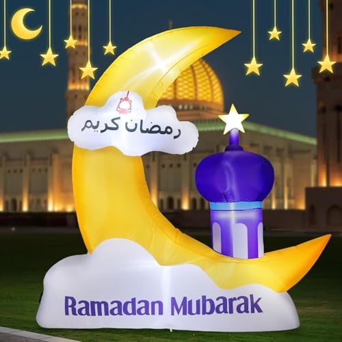 Lewondr 6.10FT Outdoor Inflatable Ramadan Moon Decorations,Waterproof Inflatable Eid Mubarak Decor,Blow Up Muslim Holy Celebration Decor with LED Lights,Muslim Holidays Inflatable for Yard,Yellow Moon - style: Yellow Moon