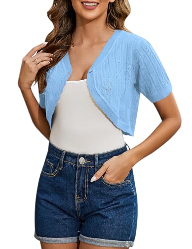 Totatuit Women's Short Sleeve Cropped Cardigan Open Front Bolero Shrugs for Dresses Crochet Button Down Sweaters - color: Blue, size: Large