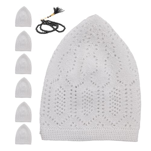 Muslim Kufi Hats for Men, Velvet Crochet Islamic Prayer Cap, Stretchable, Breathable Knit Skull Beanie,Standard Size - color: Mercan - White