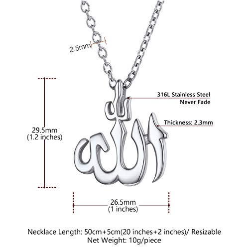 U7 Allah Pendant Necklace with Chain Platinum / 18K Gold Plated Muslim Jewelry Islamic Pendant - color: 01.Polished Stainless