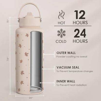 Maple Leaf Water Bottle 32oz Stainless Steel with Lid & Straw, Fall Insulated Bottles Gift for Women Girls, Autumn Gifts - color: Fall