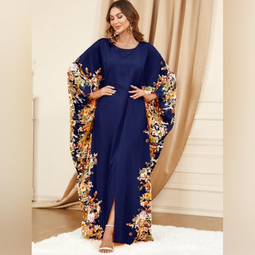 ODIZLI Ramadan Abaya for Women Muslim Batwing Sleeve Floral Print Prayer Dress Dubai Turkey Kaftan - color: Royal Blue