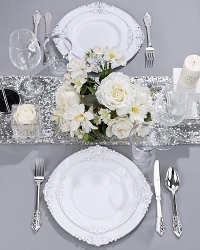 Nervure 175PCS Silver Plastic Plates - White and Silver Disposable Plates for 25 Guests Include 50Plates, 25Cups, 25Forks, 25Knives, 25Spoons, 25Napkins for Wedding & Party - color: White Silver, style: 175Pcs(25Guests)