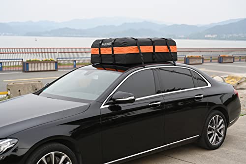 MARCHWAY Waterproof Car Roof Luggage Bag, Weatherproof Soft Shell Rooftop Cargo Carrier Bag for Vehicles with or Without Rack. 6 Door Hooks, Anti Slip Mat, Lock Included (21 Cubic Feet, Orange) - size: 21 Cubic Feet, Orange