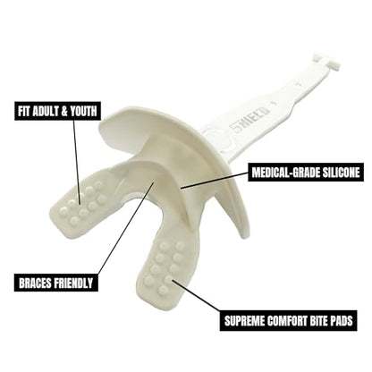 O Shield Striker Football Lip Guard with Permanent Strap | Football Lip Guard with Permanent Strap — Front Teeth, Lip, and Full Bite-Surface Coverage, No-Boil Ready Fit - color: White