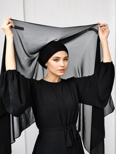 Instant Chiffon Hijab Set 3-in-1 Hijabs Scarf with Built-in Magnets and Undercap Head Wraps with Modal Cap - color: Black