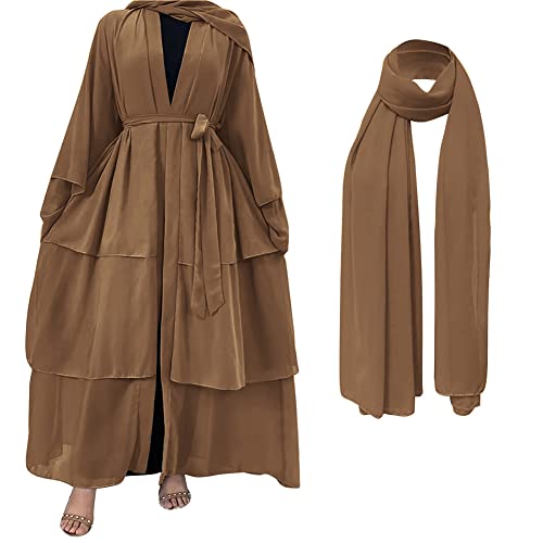Muslim Chiffon Abaya for Women Open Front Cardigan Modest Dress with Hijab Scarf Middle East Arabian Robe Islamic Long Dress - color: Brown, size: Small