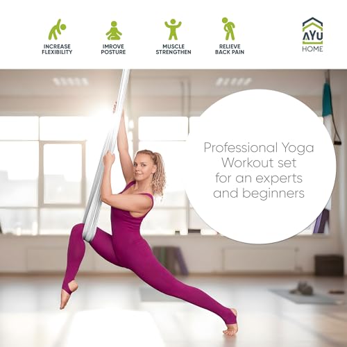 AyuHome Aerial Silks Kit for Home - Premium Yoga Swing for Adults with 660 lbs Capacity - Versatile Aerial Yoga Hammock for Gymnastics Training - color: Aerial silk - White - New