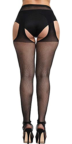 E-Laurels Womens High Waist Patterned Fishnet Tights Suspenders Pantyhose Thigh High Stockings Black - color: Black A6