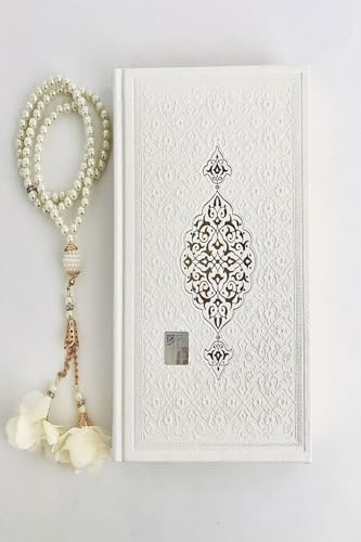 SODEF Quran Book Hafiz Size 14x20cm White Color Thermo Leather and Pearl Tasbih for Bridal Dowry Set